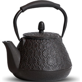 Cast Iron Teapot, 950ml Japanese Cherry Blossom Pattern Teakettle, Stovetop Safe, Infuser for Loose Tea & Coffee, Silicone Handle, Enamelled Interior, 32oz Blue (Black)