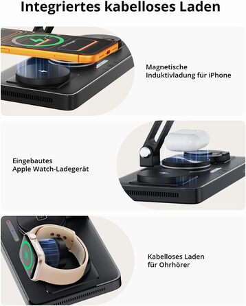 Зарядна станція GEEKERA 4-в-1 для Apple: магнітне індуктивне зарядне для iPhone, iPad, Apple Watch та AirPods, вбудований кабель, металевий чорний