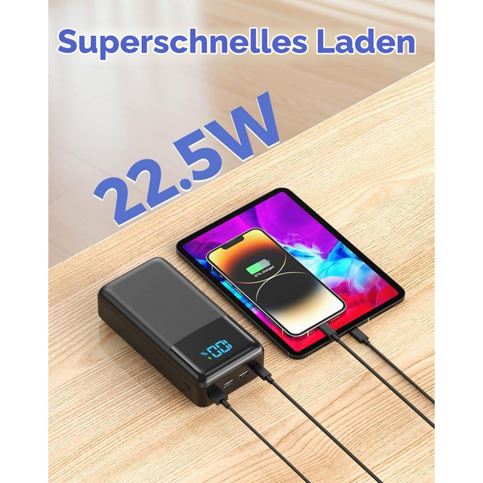 Повербанк Power Bank 60000mAh з швидкою зарядкою 22.5W, зовнішній акумулятор USB-C, 4 виходи та 2 входи, LED-дисплей, чорний