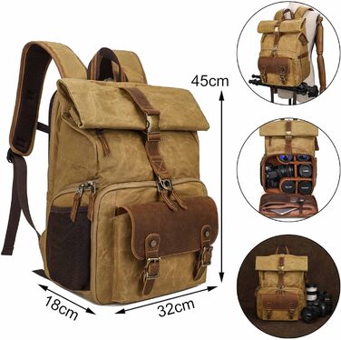 Рюкзак для фотокамери Vmokki Rolltop з водонепроникним покриттям, великий, з швидким доступом, анти-крадіжка, тримач для штатива, відділення для ноутбука. Підходить для дзеркальних фотоапаратів, аксесуарів (Хакі)
