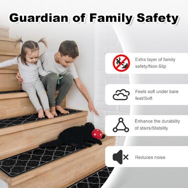 15 килимків на сходи 76x20 см, антиковзаючі, самоклеючі, для дітей, літніх людей та собак. Машинне прання, TPR-гумова підкладка (Чорний, 4 шт.)