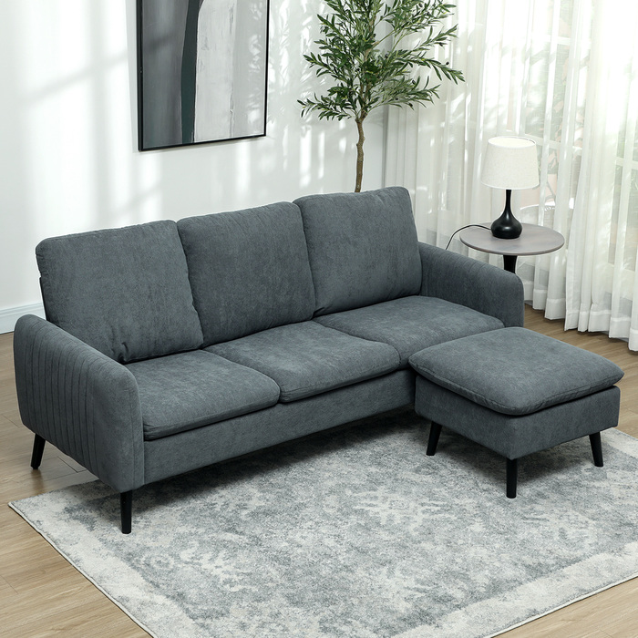 HOMCOM Corner Sofa Bed with Ottoman, 3 Throw Pillows, L-Shaped Corner Sofa for Living Room, Bedroom 196 x 140 x 88 cm Grey | Aosom