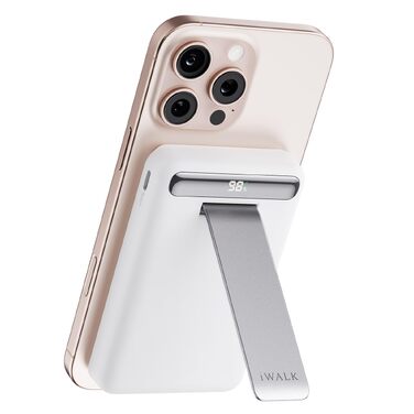 Магнітний бездротовий павербанк iWALK Magnetic 15W 10000mAh, Qi2-сертифікований зовнішній акумулятор зі стійкою та LED-дисплеєм для iPhone 16/15/14/13/12 Pro Max/Plus/Mini, білий