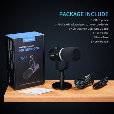 FEELWORLD PM1 Динамічний мікрофон XLR/USB з RGB-підсвічуванням для запису подкастів, геймінгу та YouTube. Комплект з підсвічуванням, навушником, підставкою та XLR-кабелем