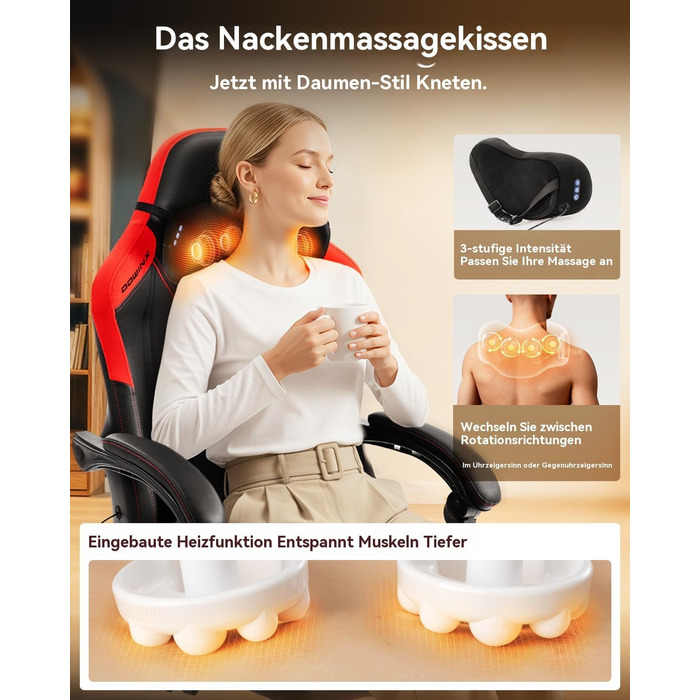 Ігровий крісло Dowinx з масажем, ергономічний дизайн, підтримка попереку та шиї, до 135 кг, шкіра, для дорослих (червоний)