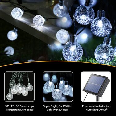 Сонячна гірлянда BrizLabs для саду та дому, 22м, 100 LED, кришталеві кулі, 8 режимів, вологостійка, для тераси, тору, свят, весілля, партії, внутрішнього та зовнішнього використання, холодне біле світло