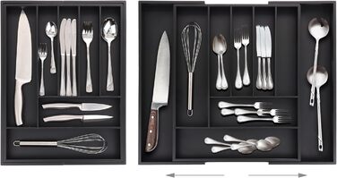 Relaxdays Cutlery Box Extendable, Bamboo, HBT: 5 x 33.5-49.5 x 44.5 cm, 7-9 Compartments, Cutlery Insert Drawer, Black