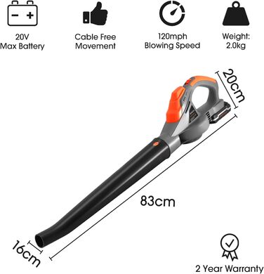 Terratek Leaf Blower, cordless, 20 V, 1 hour, fast charging, handheld leaf blower, powerful, lightweight, cordless leaf blower, garden blower with 1 x battery and charger included