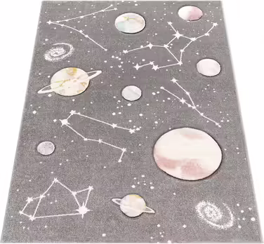 Paco Home Kids Rug, Play Rug for Children's Room with Planets and Stars, in Grey, Size: Ø 120 cm Round
