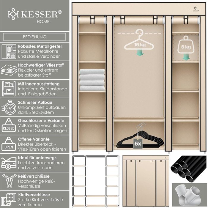 KESSER® Wardrobe Clothes Rack Stable with Clothes Rail & Shelves, Incl. 5x Clothes Hangers, Fabric Folding Wardrobe for Bedroom, Dressing Room Clothes Rack 150x45x175cm (Beige)