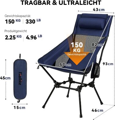 Складний туристичний стілець Hochlehner з підголівником, 150 кг, ультралегкий, портативний, для кемпінгу, риболовлі, пляжу, відпочинку на природі та походів. Колір: Індиго-блакитний