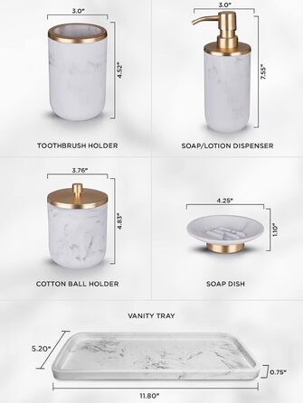 Набір аксесуарів для ванної кімнати: дозатор мила та тримач для зубних щіток, мармур, золото, стиль фермерський дім, 5 предметів