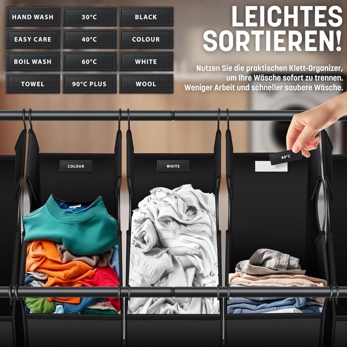 KESSER® Laundry Basket, Laundry Collector, Laundry Sorter with 3 Removable Fabric Bags | 3 Compartments x 35 Liters | Laundry Box with 12 Laundry Instructions, 360° Swivel Wheels with Brake, Laundry Sorting System, Laundry Cart, Beige