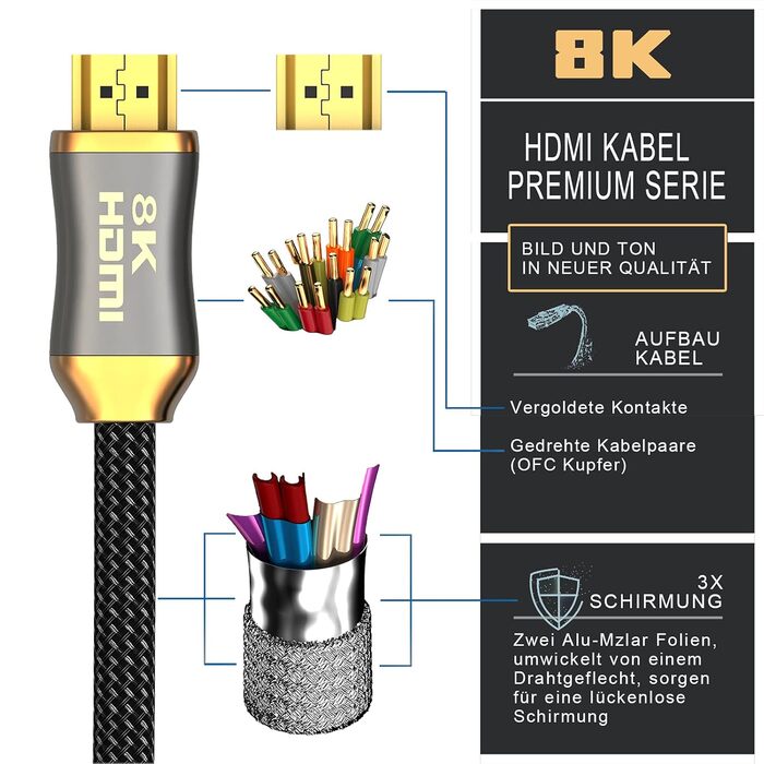 HDMI 2.1 кабель оптоволоконний - 8K 120Hz, 4K 240Hz, HDR10+, 3D, eARC, CEC, HDCP 2.3, Optisches Ultra High Speed, позолочені контакти, 2M, чорний