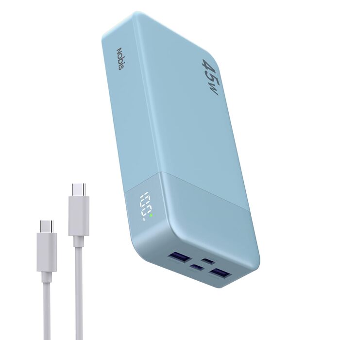 Power Bank NOBIS 20000mAh 45W Blau – портативний акумулятор з USB-C та USB-A, швидка зарядка, індикатор рівня заряду