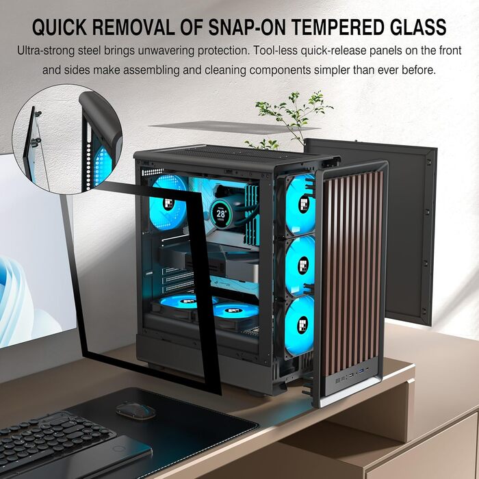 Корпус ПК FOIFKIN M1 з дерев'яною передньою панеллю з горіха, встановлений 4 PWM ARGB вентилятор, Mid-Tower для ігрового ПК, з Type-C, чорний (чорний, M1)