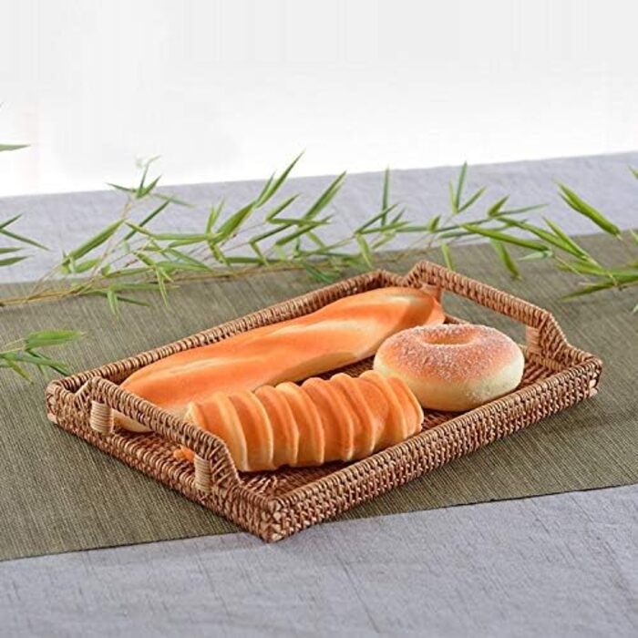 Rattan Serving Tray with Handles, Rectangular Tray from Rattan for Breakfast, Drinks, Snacks for Eating/Coffee Table (43 cm)