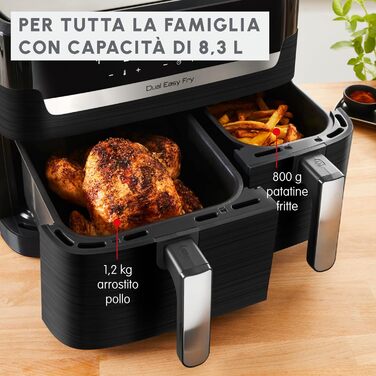 Аерофритюрниця Moulinex Dual Easy Fry 8,3 л, 7 програм, енергозбереження до 70%, подвійна чаша 5,2 л + 3,1 л, цифрове керування, книга рецептів, підходить для миття в посудомийній машині