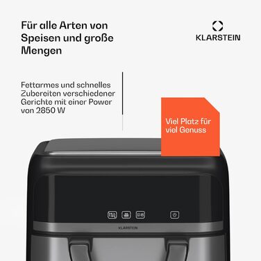 Klarstein Hot Air Fryer, Air Fryer with 2 Chambers, 2850W Compact Hot Air Fryer, 9L Air Fryer with Touch Control Panel, Timer, Preheating, 6 Modes, Large Hot Air Fryer, Air Fryer XL Black Duo Elegance