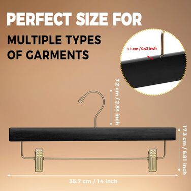 Набір дерев'яних вішалок для штанів та спідниць Quality Hangers, чорні з регульованими затискачами та поворотним золотистим гачком, 120 шт.