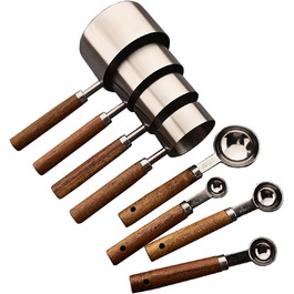 8-Piece Silver Measuring Cup Set and Measuring Spoon Set with Scale, BRIIEC Wooden Handle, Stainless Steel, Dry and Liquid Measuring Cups for Cooking, Baking