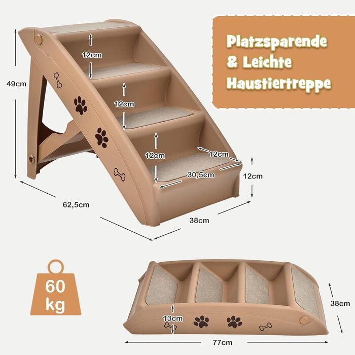 COSTWAY 4-Step Pet Staircase with Carpet, Dog Stairs Plastic Cat Stairs Folding, Portable Dog Ramp Pet Stairs for Dogs and Cats, Pet Ramp for Climbing and Scratching (Brown)