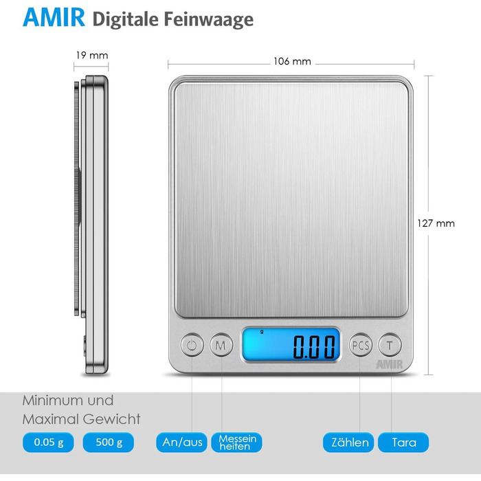 Електронні ваги AMIR 500г з точністю 0.01г: цифрові, для зважування, з функцією Tara, LCD-дисплей, конвертація одиниць, автоматичне вимкнення, сріблясті