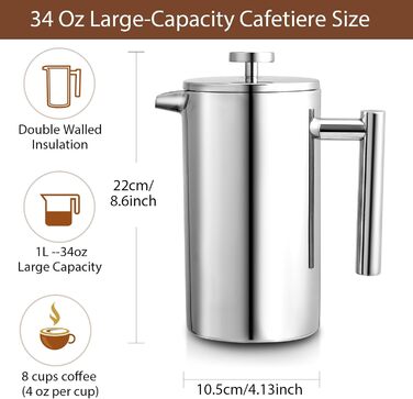 Френч-прес Cafeti, 8 чашок, нержавіюча сталь, подвійні стінки, термоізоляція, портативний, для дому, офісу, кемпінгу, 1000 мл