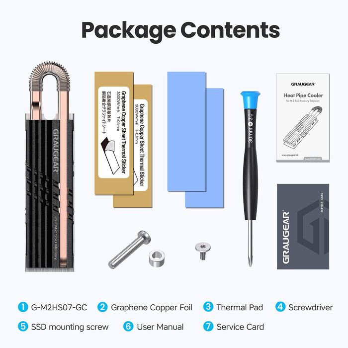 Радіатор охолодження GRAUGEAR HeatPipe для M.2 NVMe SSD (2280) з термонаклейкою з графену-міді, для ПК