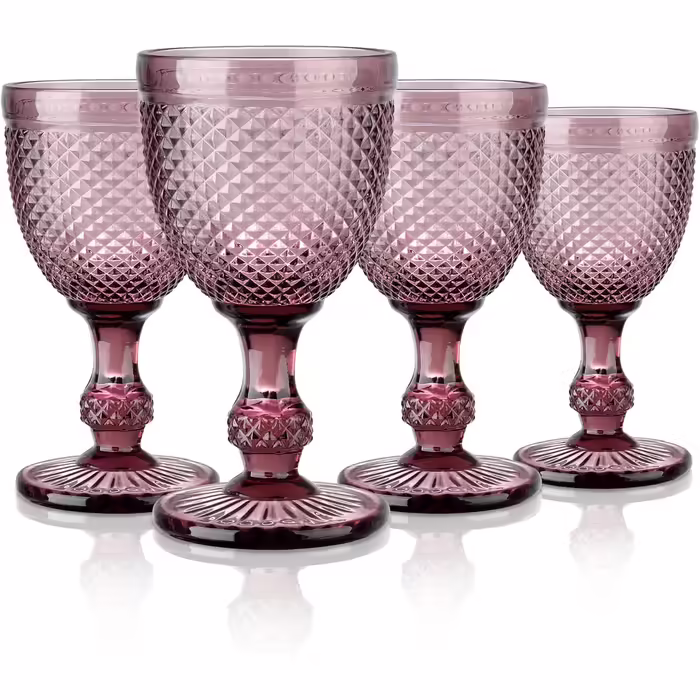 Joeyan 270ml Violet Vintage Wine Glasses with Diamond Relief, Colorful Goblet Glasses Wine Cup Set for Wine Juice Drinks, Set of 4 Retro Drinking Glasses with Stem, Dishwasher Safe