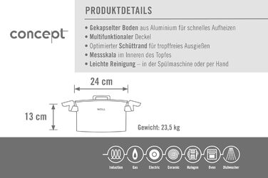 Каструля з кришкою Woll Concept, 24 см, 5,8 л, нержавіюча сталь, для індукції, усіх плит, духовки до 200°C, срібляста
