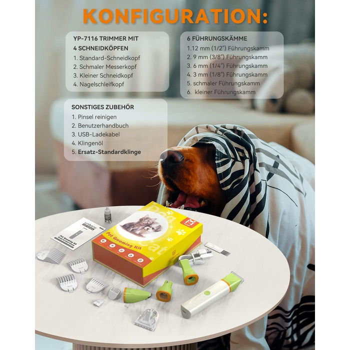 Набір для стрижки собак та котів Leise: акумуляторний тример з 4 насадками, водонепроникний (IPX7), для тіла, мордочки, вух та лап