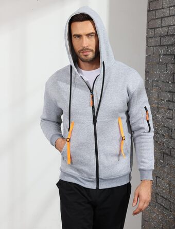 Світшот з капюшоном Aulemen для чоловіків з блискавкою, лангрукав, slim fit, декілька кишень, для повсякденного носіння та спорту, сірий, 3XL