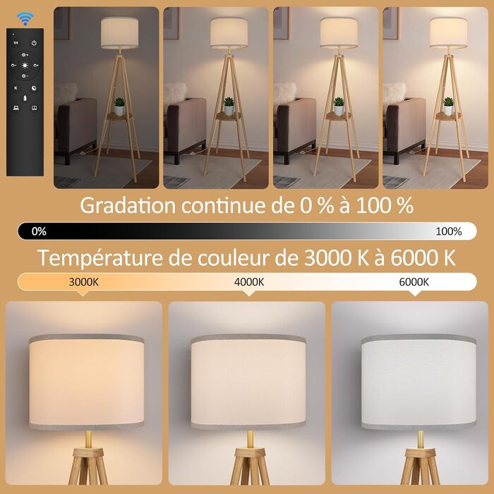 Стійка лампа для вітальні з полицею, диммування 2700K-6500K, дерев'яний каркас, з полицею та пультом дистанційного керування. Стійка світло для вітальні, спальні, офісу, дерево