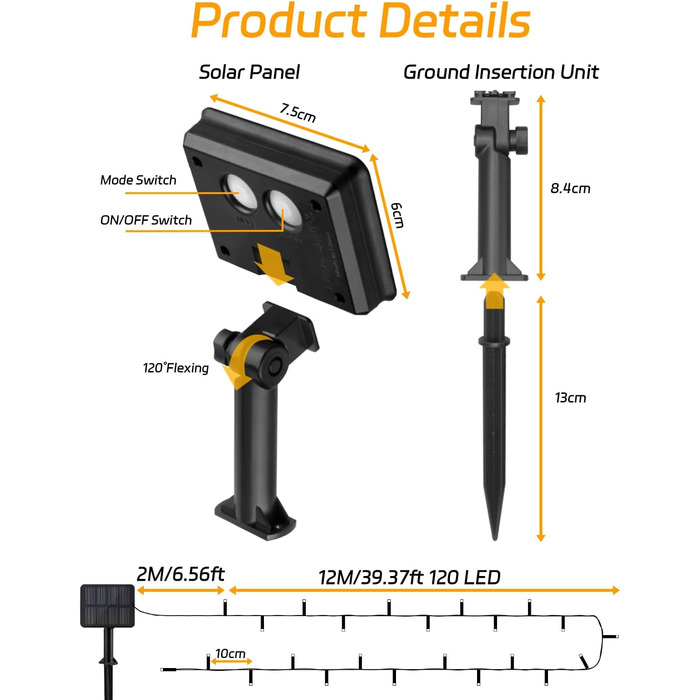 Сонячна гірлянда для зовнішнього використання, 120 LED, холодне біле світло, 8 режимів, для саду, двору, тераси, весільної декоратації (12 м)