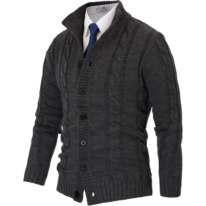 Чоловічий кардиган PJ PAUL JONES з в'язаним візерунком, на кнопках, з ребристою стійкою комірцем для осені/зими (XL, чорно-сірий)