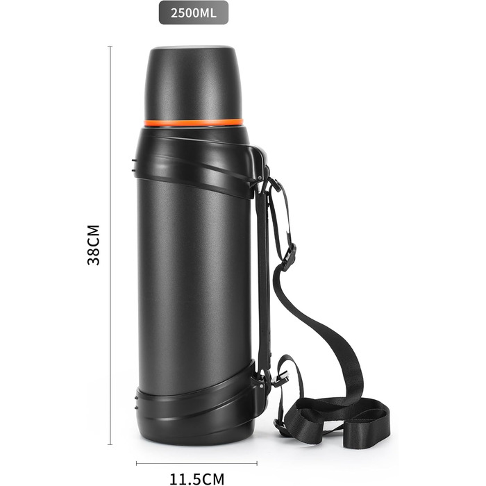 Термос-пляшка з нержавіючої сталі, 2.5 л, з кришкою-чашкою, зберігає тепло 24 год, холод 24 год, без BPA (чорна)
