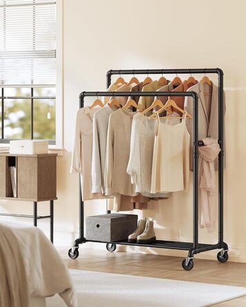 SONGMICS Clothes Rack, Clothes Rail, Coat Rack with 2 Clothes Rails and Shelf, Wheels, Load Capacity up to 110 kg, Industrial Design, for Bedroom, Dressing Room, white HSR060W01 (Black)