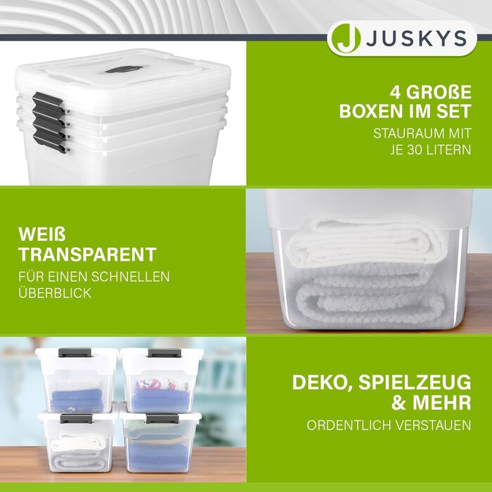 Juskys Storage Box with Lid - Set of 4 Plastic Boxes 45L - Large Box, Stackable, Transparent - Storage Organization System Storage Boxes (Set of 4 - 30 Liters)