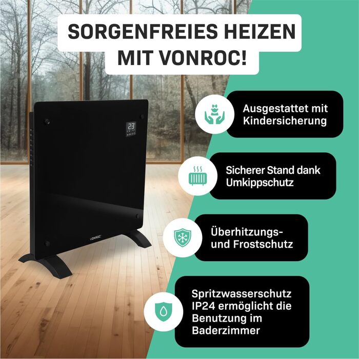 Електрична конвекторна теплова гармата VONROC - 1000W, чорна, для опалення до 12м², ручне/App керування, настінний/підлоговий монтаж