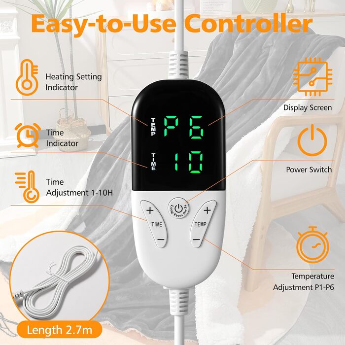 Електрична грілка OneAmg з таймером та 6 рівнями нагріву, 155 x 180 см, з пультом керування, машинне прання, блакитна/сіра