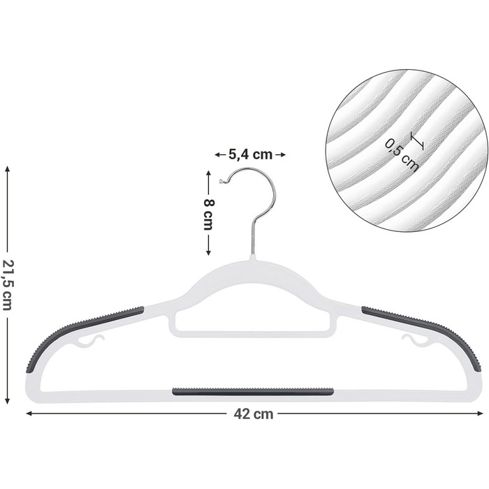 Набір вішалок SONGMICS 50 шт., пластик, антиковзаючі, компактні, товщина 0,5 см, 42 см, поворотний гачок 360°, срібло, білий + темно-сірий