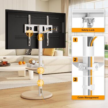 Підставка для телевізора RFIVER мобільна з роликами, біла, 32-65 дюймів, з поличкою, регульована висота та нахил, до 40 кг, VESA 400x400 мм