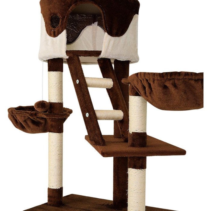 Котячий будиночок Lionto XXL з сизалю та плюшу: багатоярусний комплекс для котів з гамаком, тунелем та іграшками (колір: коричневий/бежевий, 230-250 см)