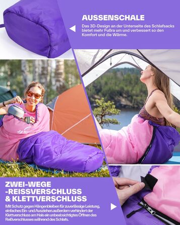 Сплячий мішок Sportneer - компактний та ультралегкий (950г/1500г) - кокон для кемпінгу, подорожей та відпочинку на природі. Підходить для чоловіків, жінок та дорослих (Рожевий, літній)