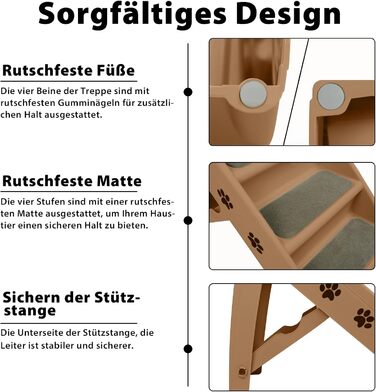 Сходинки для тварин Froadp: 4 сходинки, складані, для собак та котів, 60 см, з неслизькими сходинками, PP-пластик (колір: коричневий)
