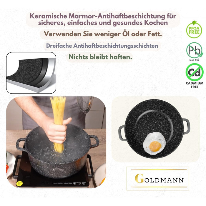 Каструля Goldmann 28 см з антипригарним покриттям, 6,5 л, з кришкою, для всіх плит, екологічна