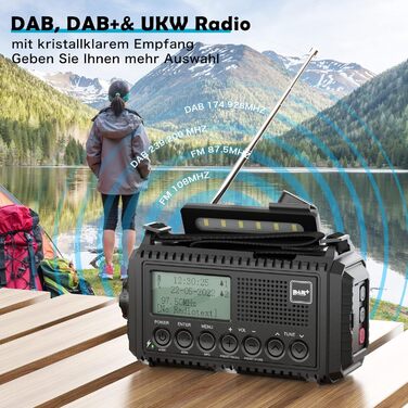 Радіоприймач DAB+/DAB/UKW з акумулятором 5000mAh, радіо для надзвичайних ситуацій з ліхтариком та світлодіодом для читання, портативне кемпінгове радіо з USB-зарядкою для мобільного телефону, FM, динамо, SOS-сигнал для походів, відпочинку на природі (Раді
