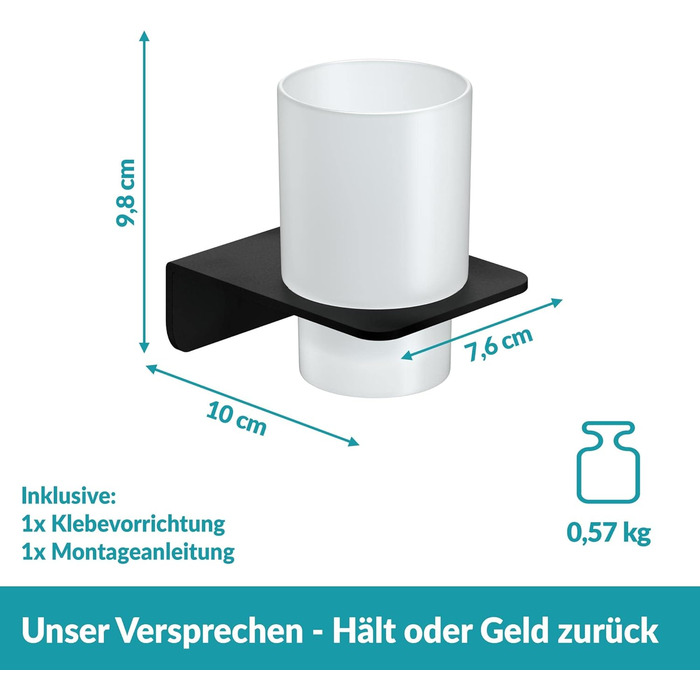 WEISSENSTEIN Toothbrush Holder without Drilling | Cup and Toothbrush Holder for Gluing to the Wall | Stainless Steel Holder and White Glass | in Matte Black
