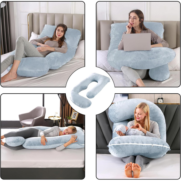 Подушка для вагітних CALIYO J-подібної форми, XXL, для сну на боці, з бавовняною підкладкою (180x70 см, блакитно-сіра)